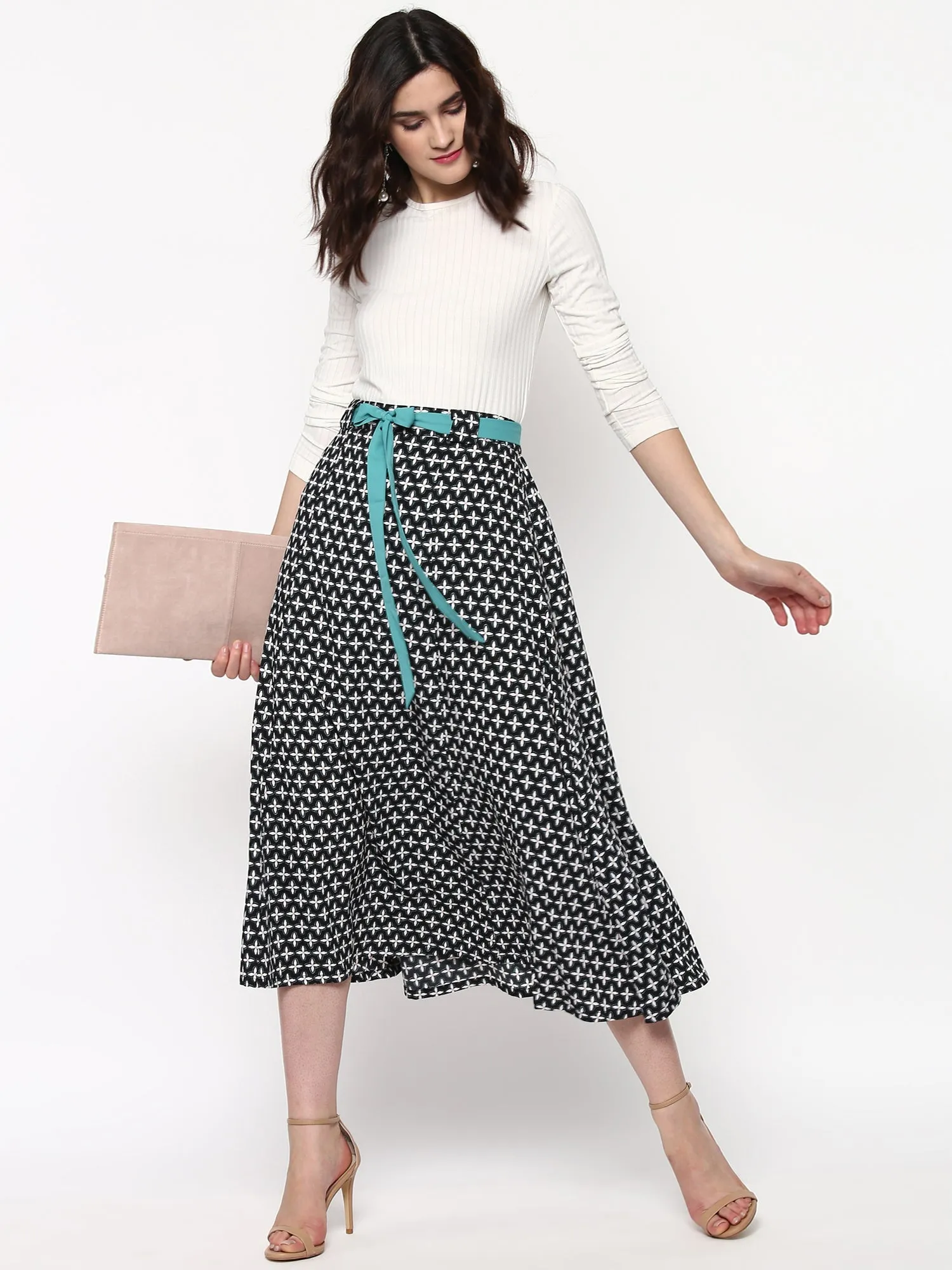 Black Printed Flared Belted Midi Skirt