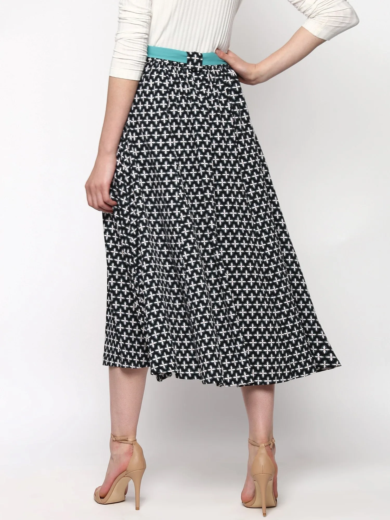 Black Printed Flared Belted Midi Skirt