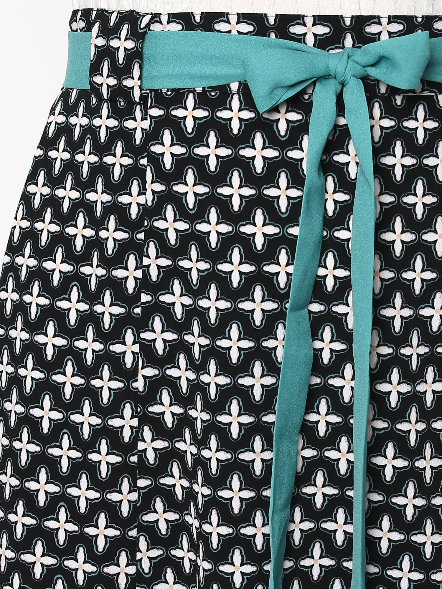 Black Printed Flared Belted Midi Skirt