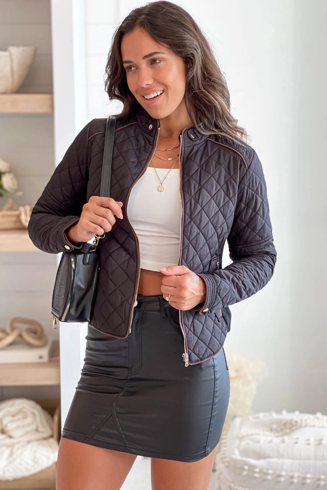 Black Quilted Jacket With Pockets