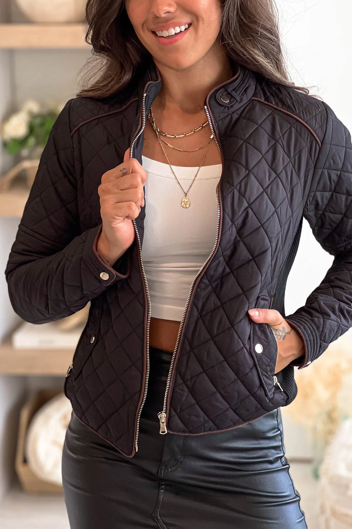 Black Quilted Jacket With Pockets