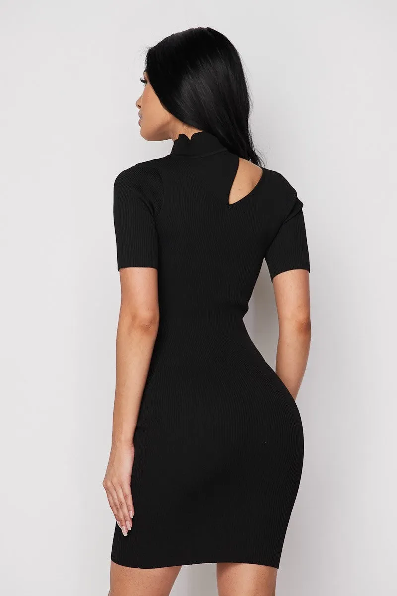 Black Ribbed Knit Keyhole Mini Dress