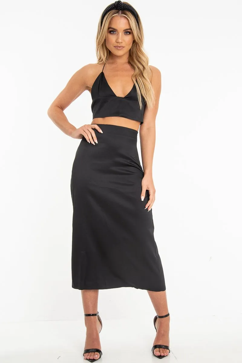 Black Satin Floaty Midi Skirt - Serafina