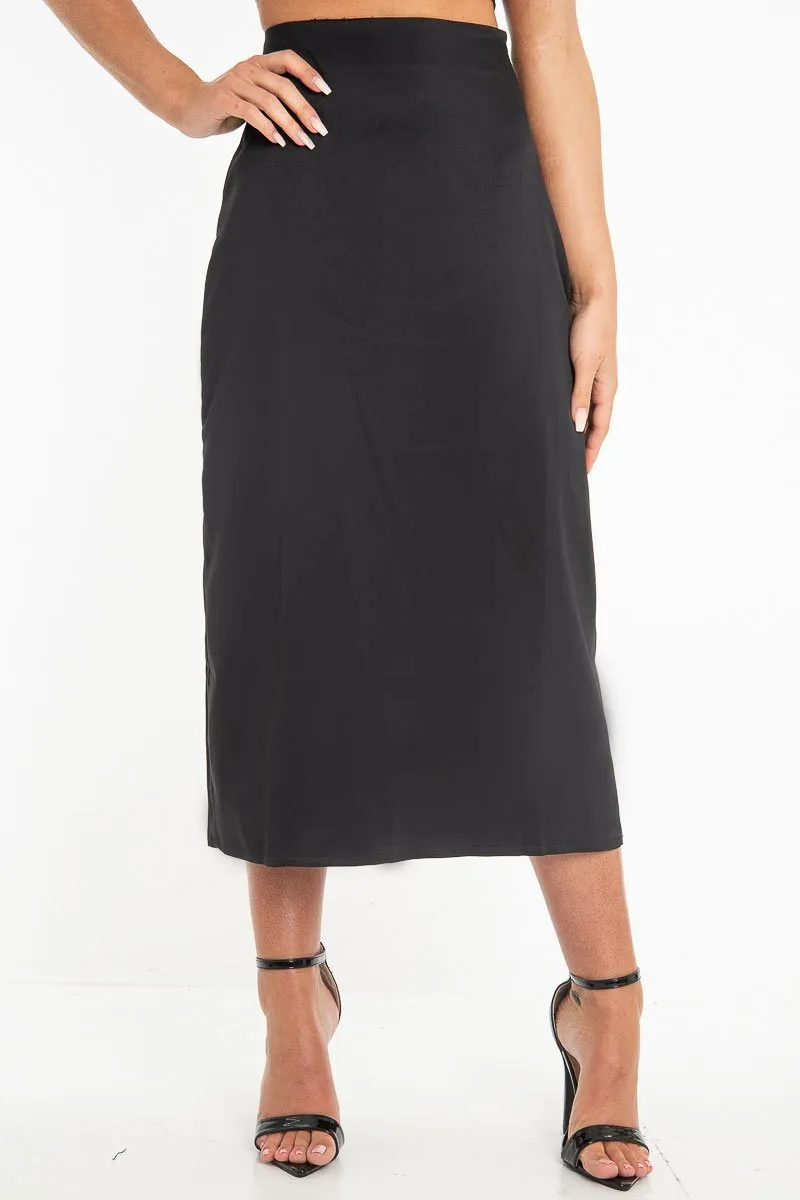 Black Satin Floaty Midi Skirt - Serafina