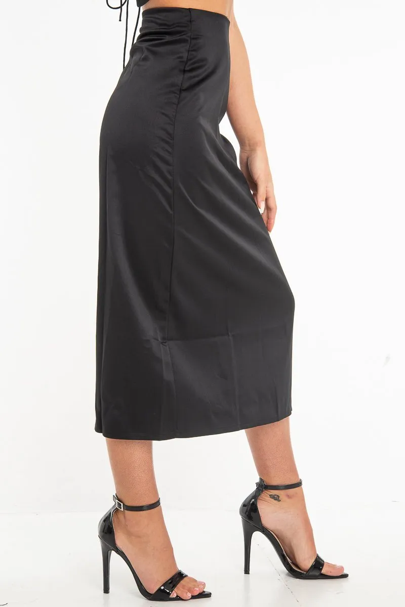 Black Satin Floaty Midi Skirt - Serafina