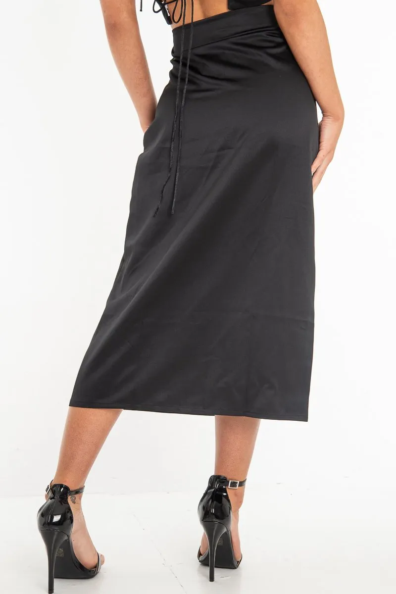 Black Satin Floaty Midi Skirt - Serafina