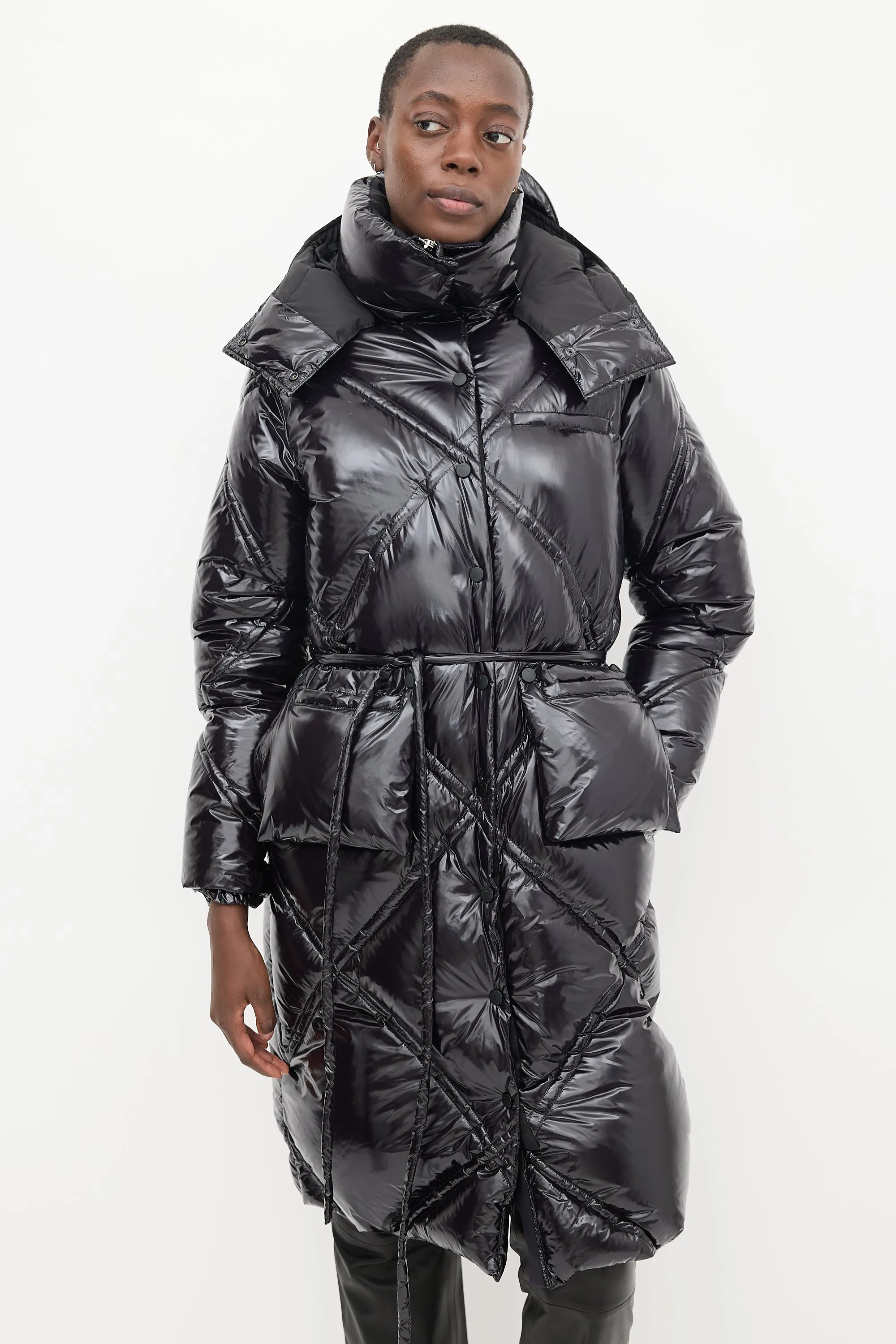 Black Shiny Quilted Down Coat