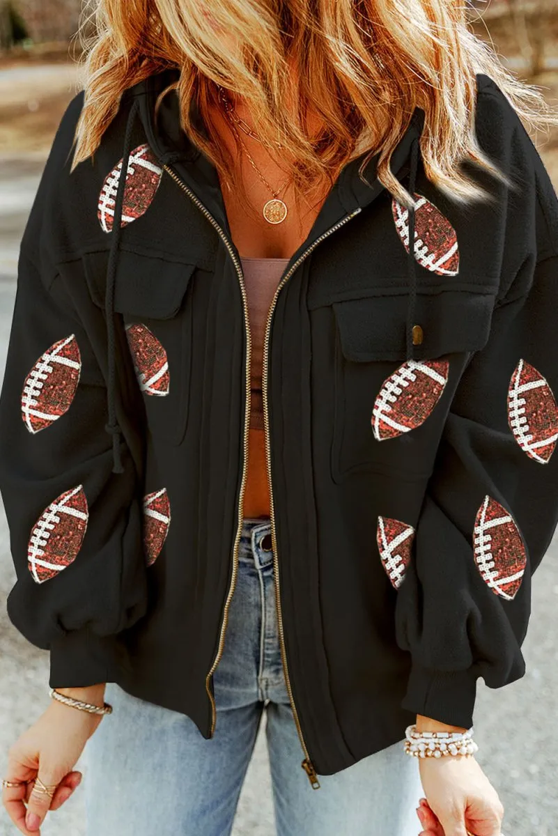 Black Zipper Sequin Football Hooded Jacket