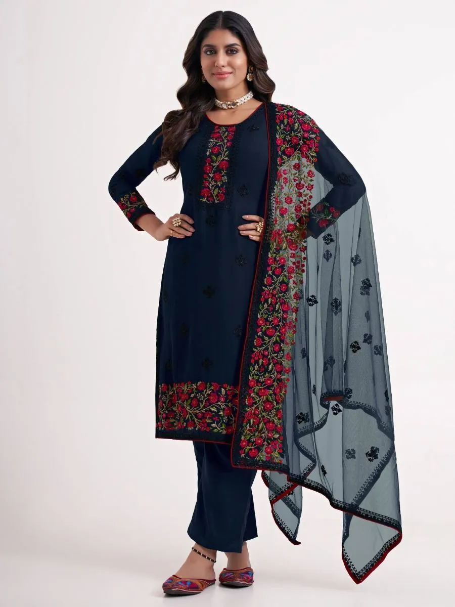 Blue Georgette Multi Color Thread Embroidered Suit Set with Net Dupatta