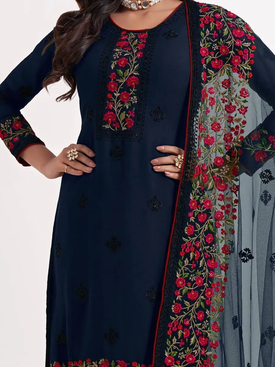 Blue Georgette Multi Color Thread Embroidered Suit Set with Net Dupatta