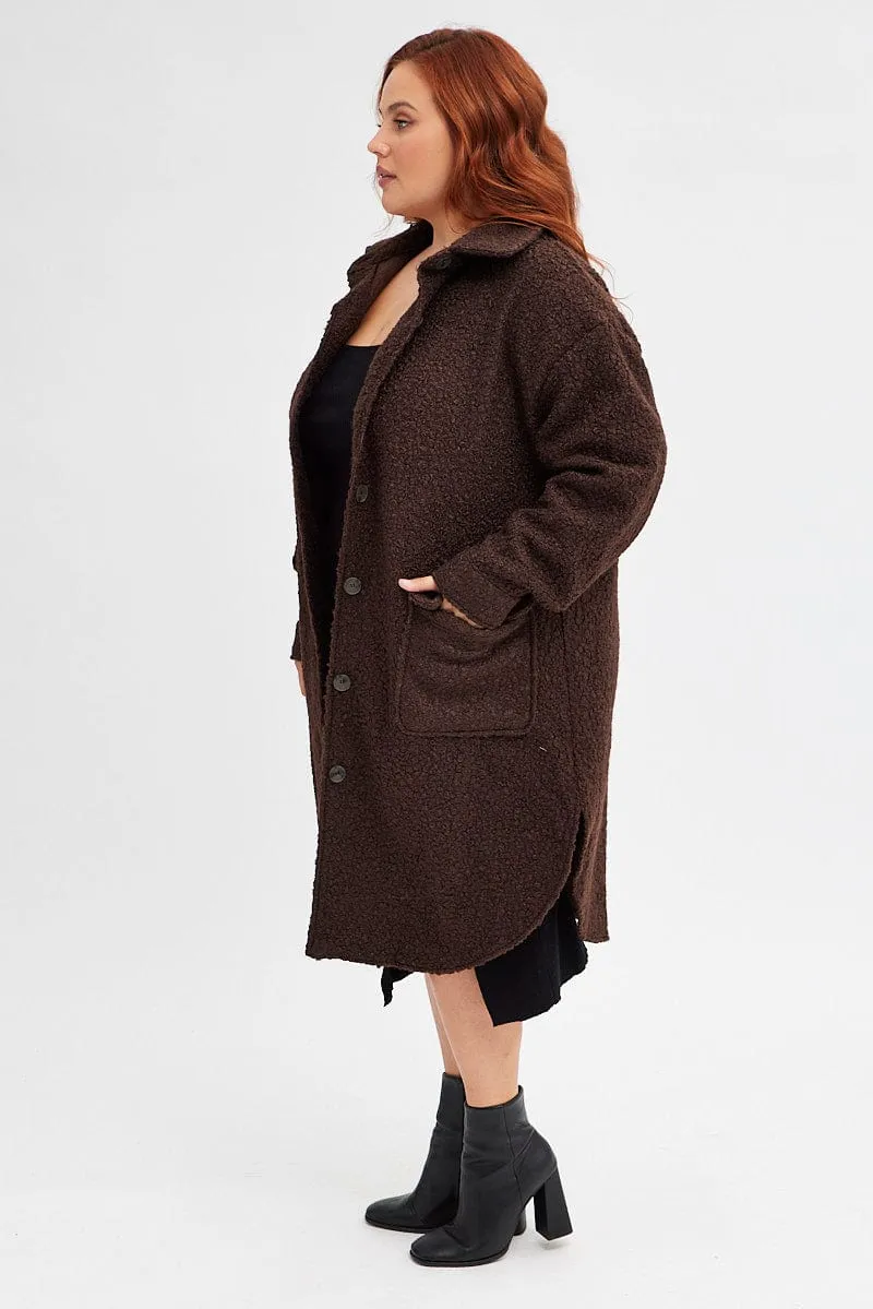 Brown Boucle Shacket Coat Longline