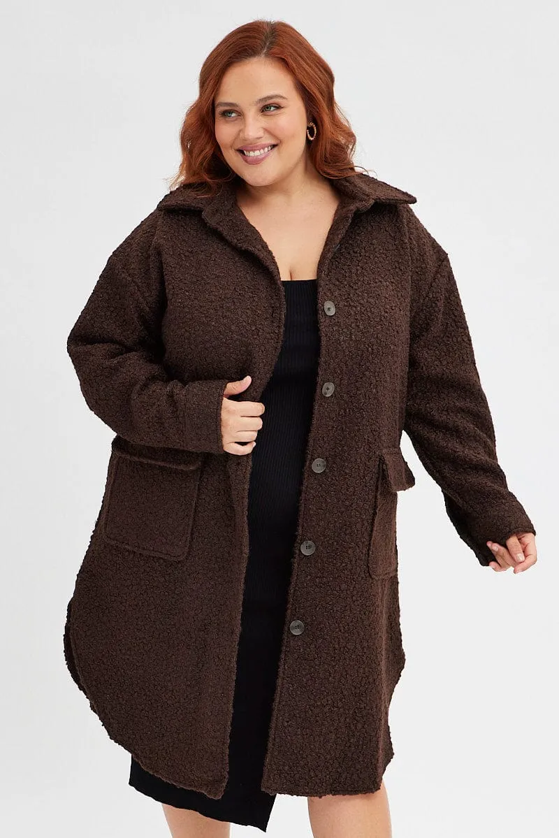 Brown Boucle Shacket Coat Longline