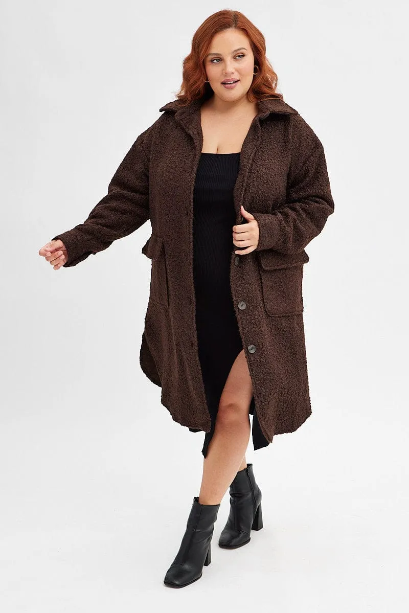 Brown Boucle Shacket Coat Longline