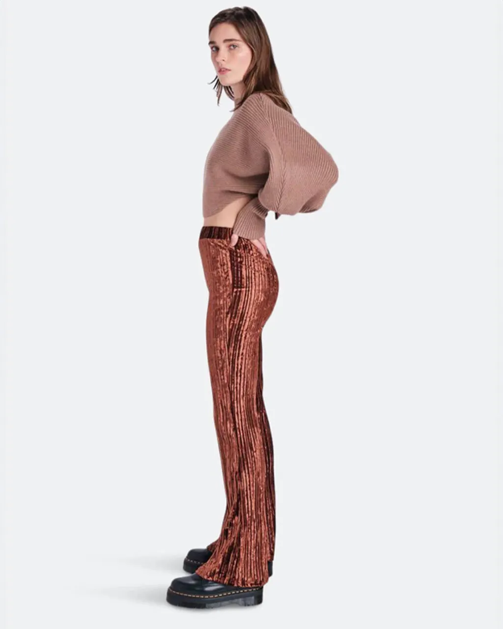 Brown Crushed Velvet Flared Pants