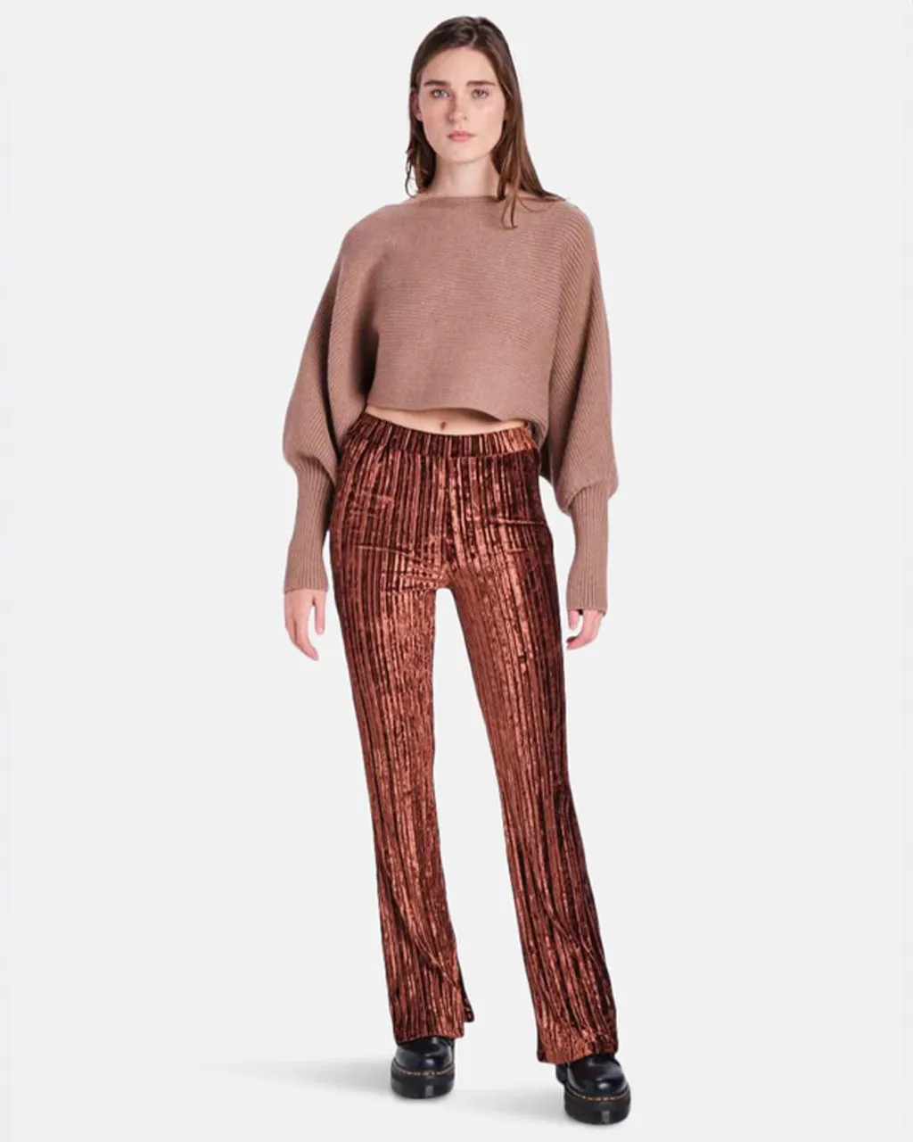 Brown Crushed Velvet Flared Pants