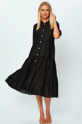 Button Down Ruffle Flare Midi Dress