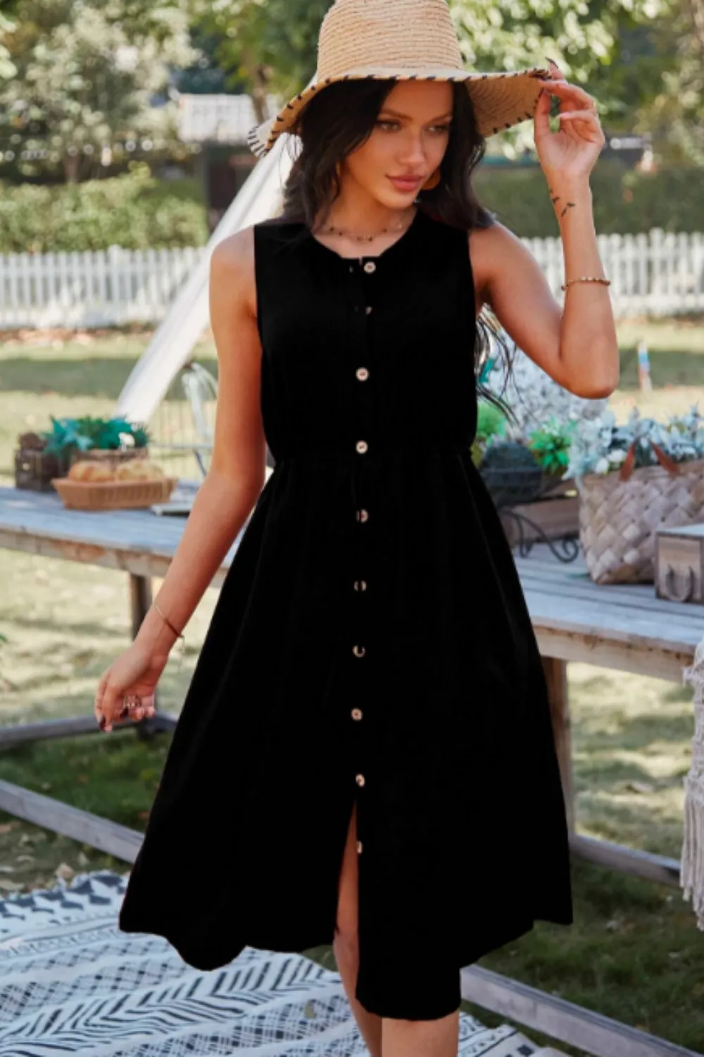 Button Down Sleeveless Round Neck Dress