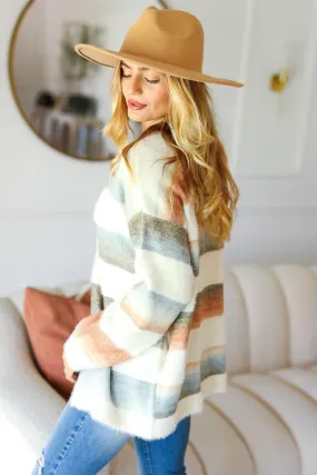 Button Down Stripe Soft Fuzzy Sweater Cardigan