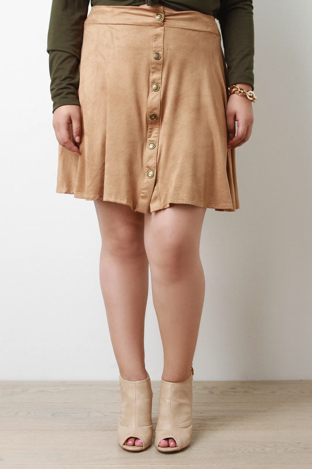 Button Down Suede A-Line Skirt