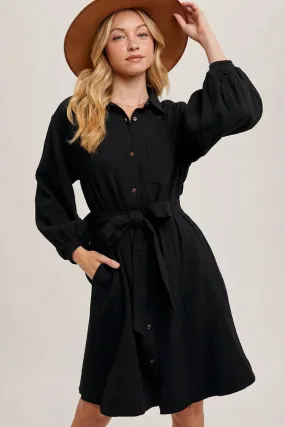 Button Down Tie Waist Shirt Midi Dress