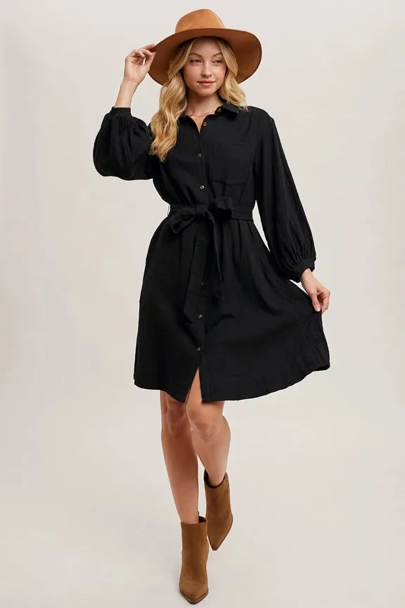 Button Down Tie Waist Shirt Midi Dress