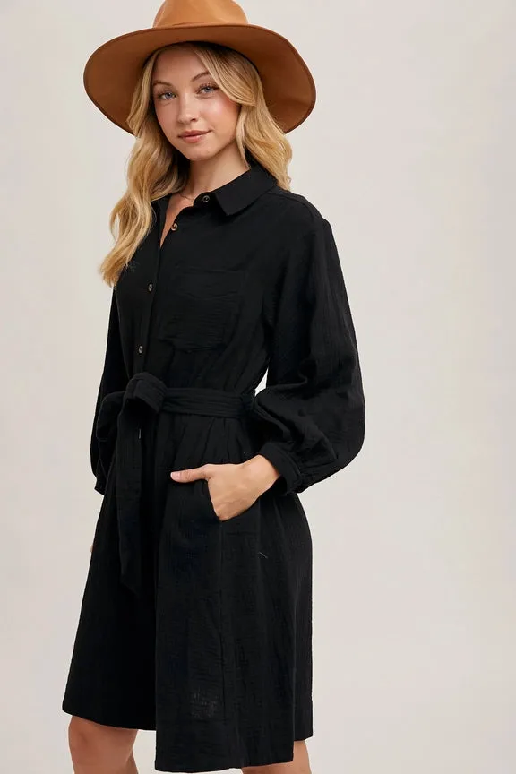 Button Down Tie Waist Shirt Midi Dress