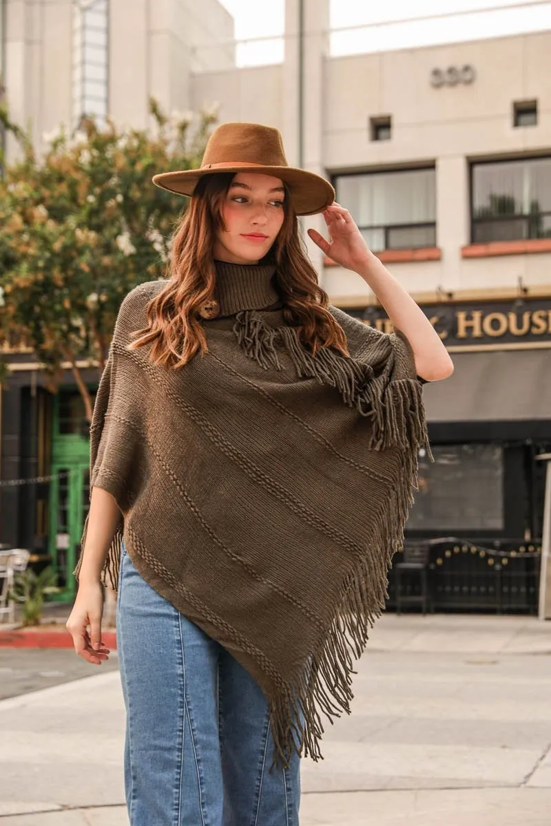 Button Neck Fringe Poncho