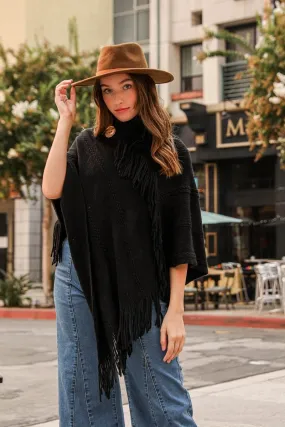 Button Neck Fringe Poncho