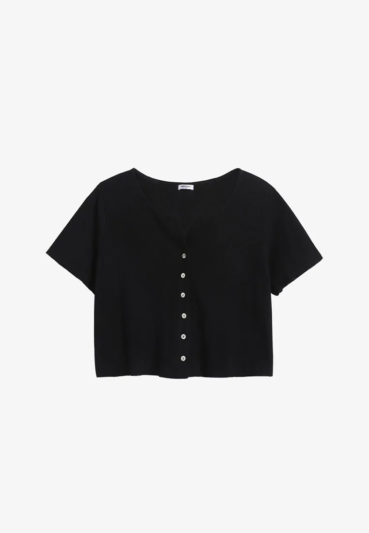 Camille Versatile Ribbed Button Crop Top - Black