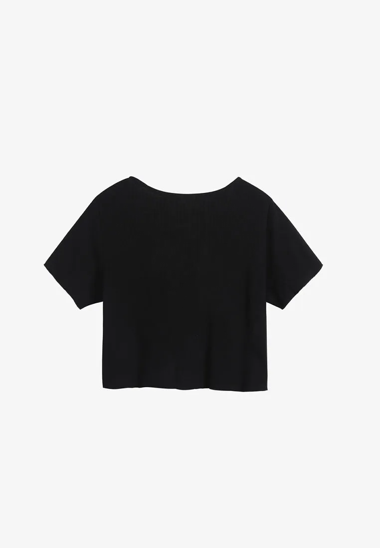 Camille Versatile Ribbed Button Crop Top - Black