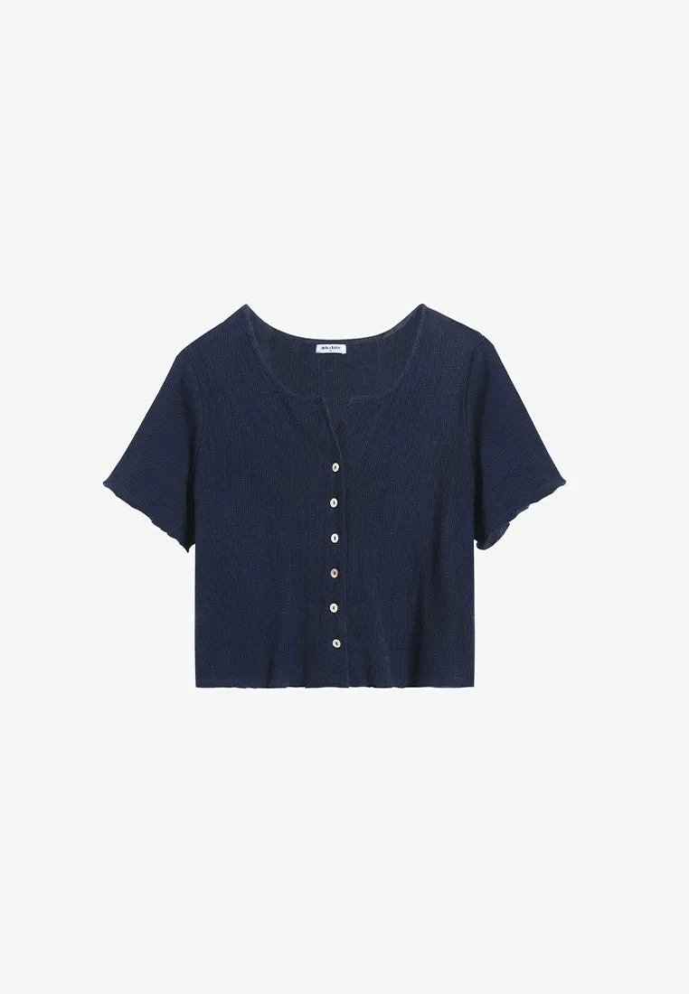 Camille Versatile Ribbed Button Crop Top - Navy Blue