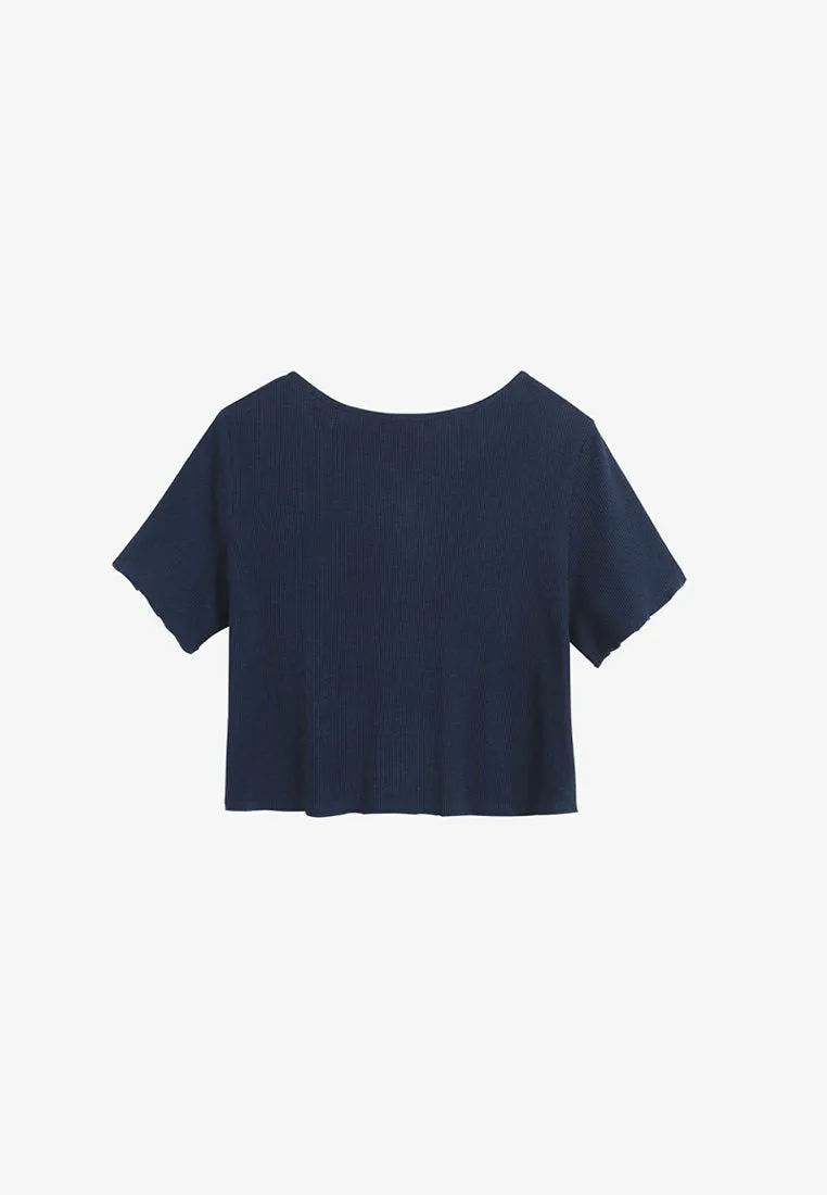 Camille Versatile Ribbed Button Crop Top - Navy Blue