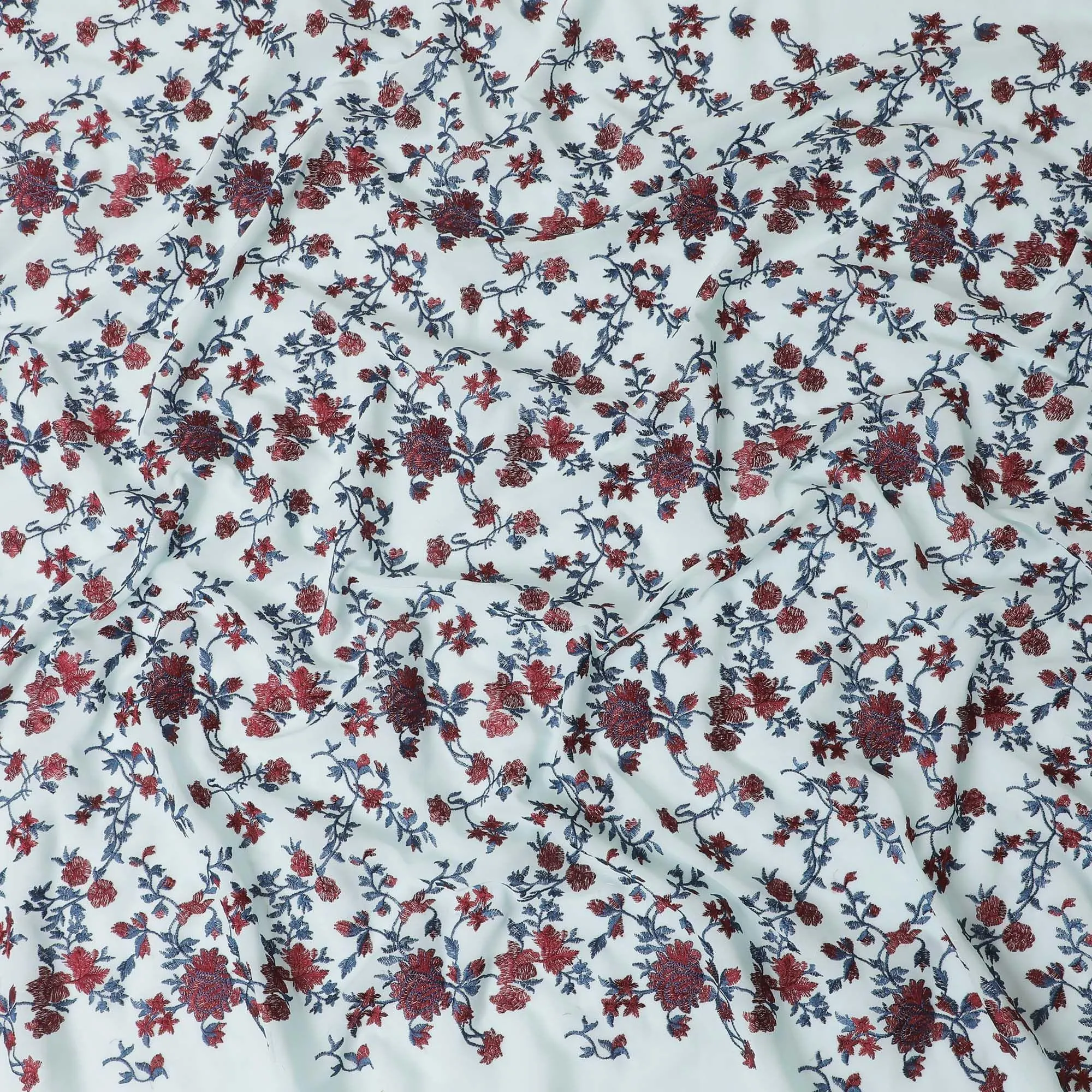 Celeste blue cotton voile fabric with red and blue embroidery in floral design-11237