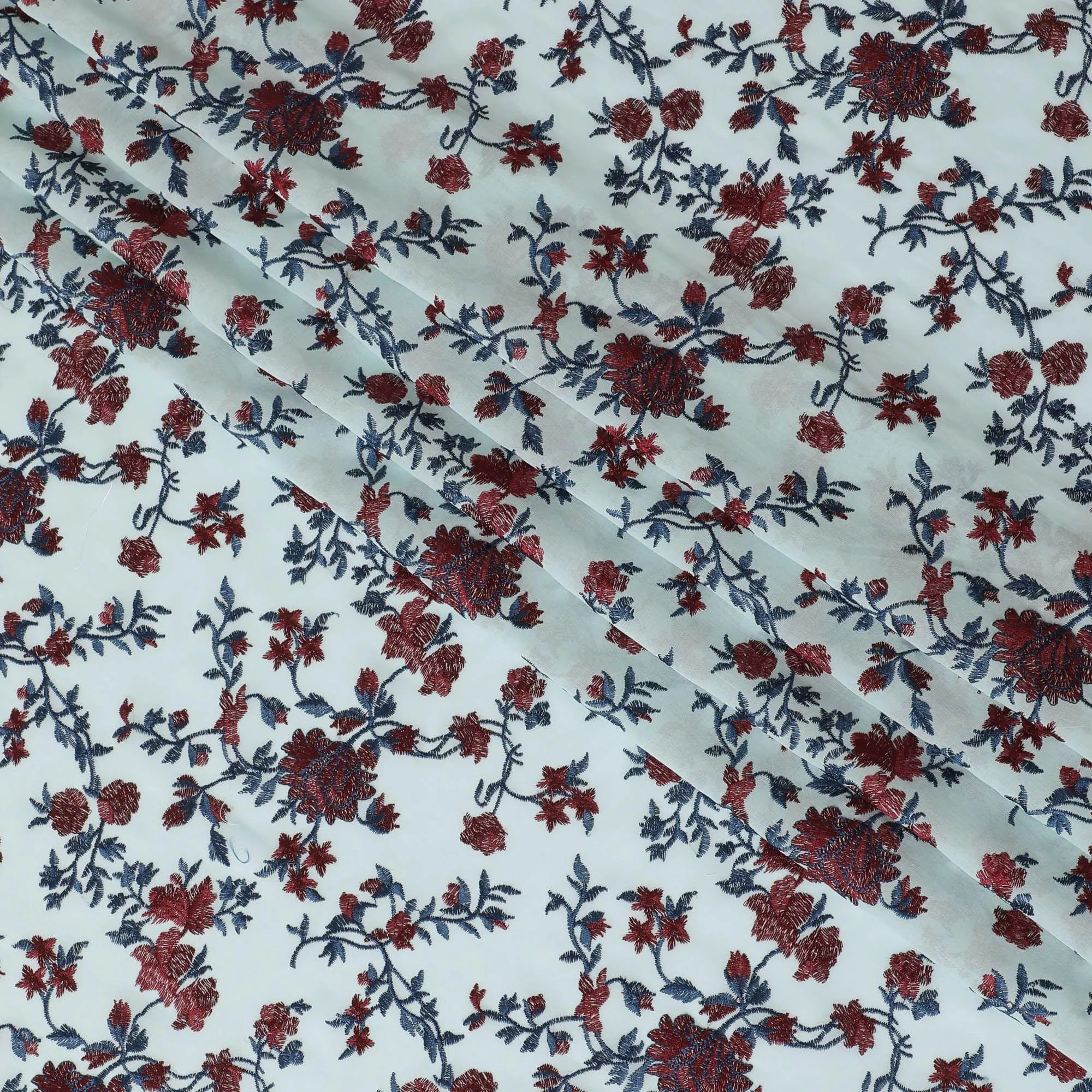 Celeste blue cotton voile fabric with red and blue embroidery in floral design-11237