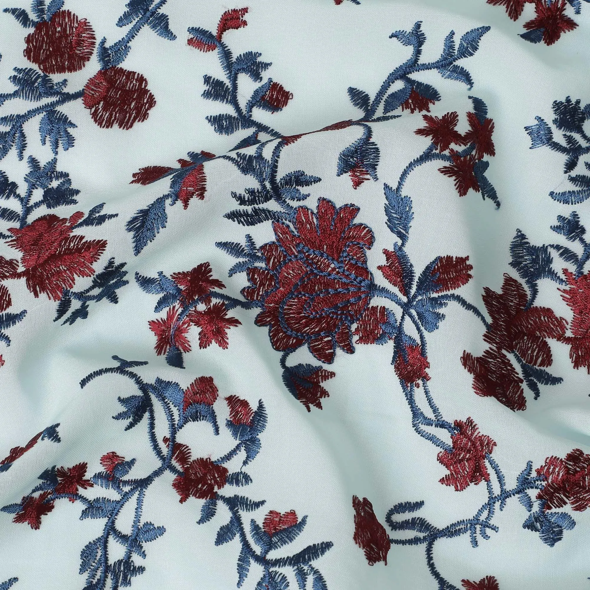 Celeste blue cotton voile fabric with red and blue embroidery in floral design-11237