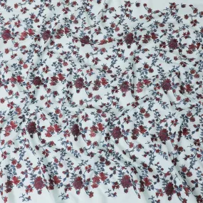 Celeste blue cotton voile fabric with red and blue embroidery in floral design-11237