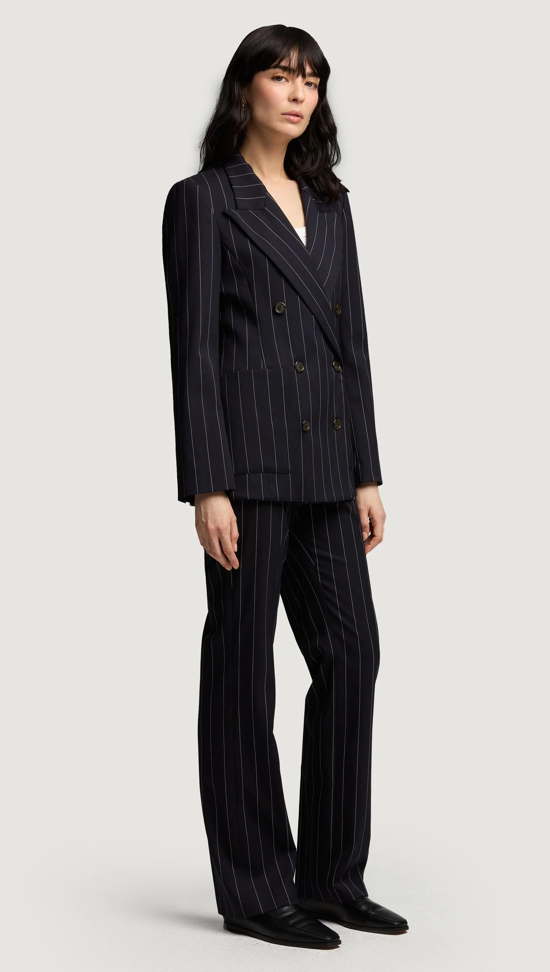 Chelsea Blazer in Stretch Wool | Navy Pinstripe