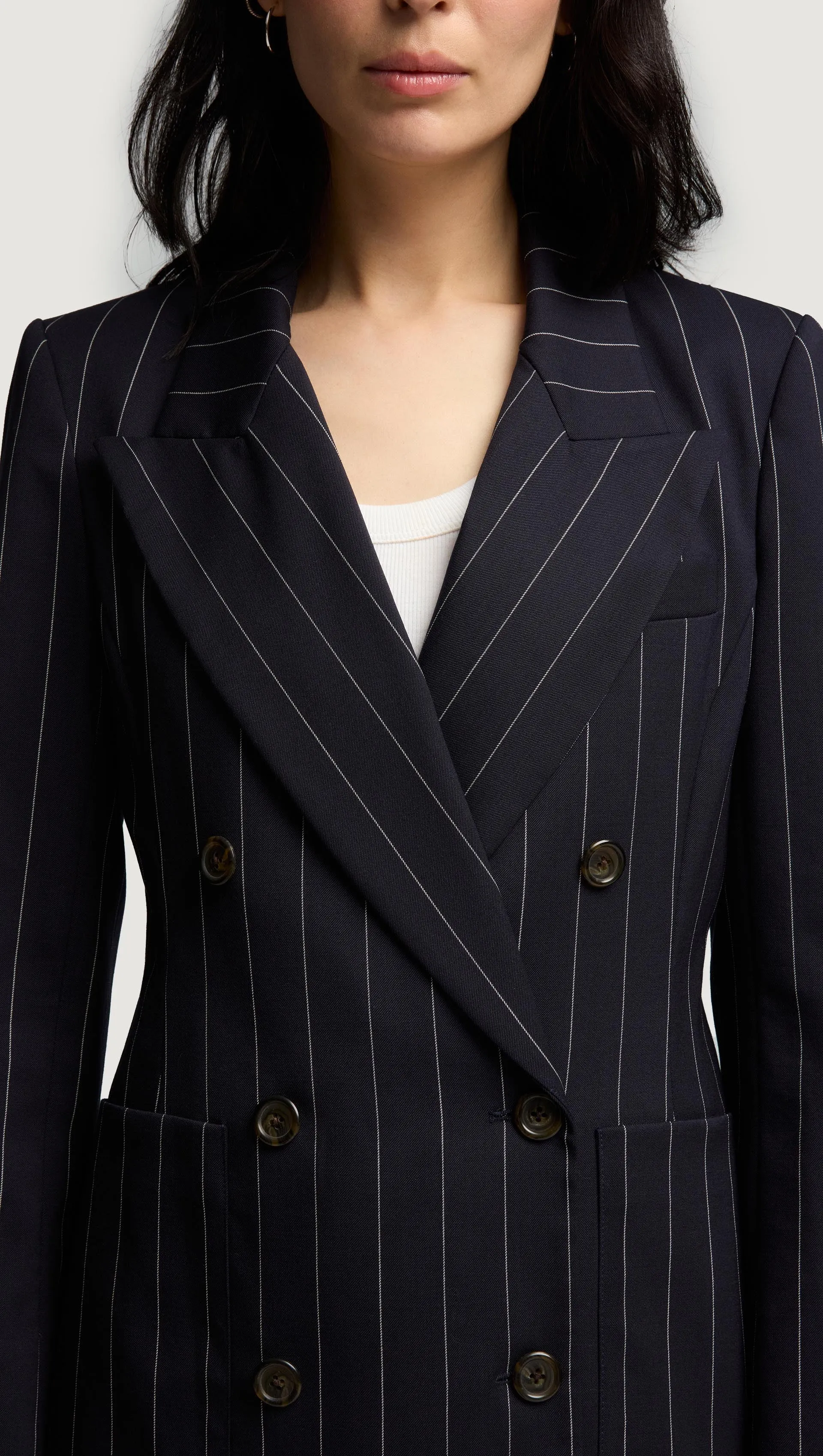 Chelsea Blazer in Stretch Wool | Navy Pinstripe