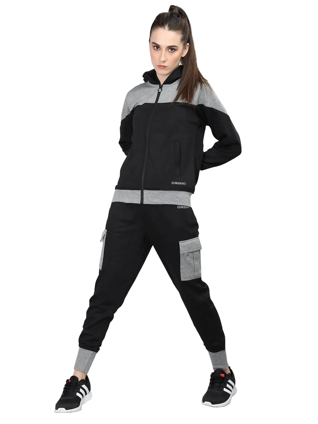 CHKOKKO Women Winter Sports Zipper Hooded Stylish Jacket Light Grey Black L