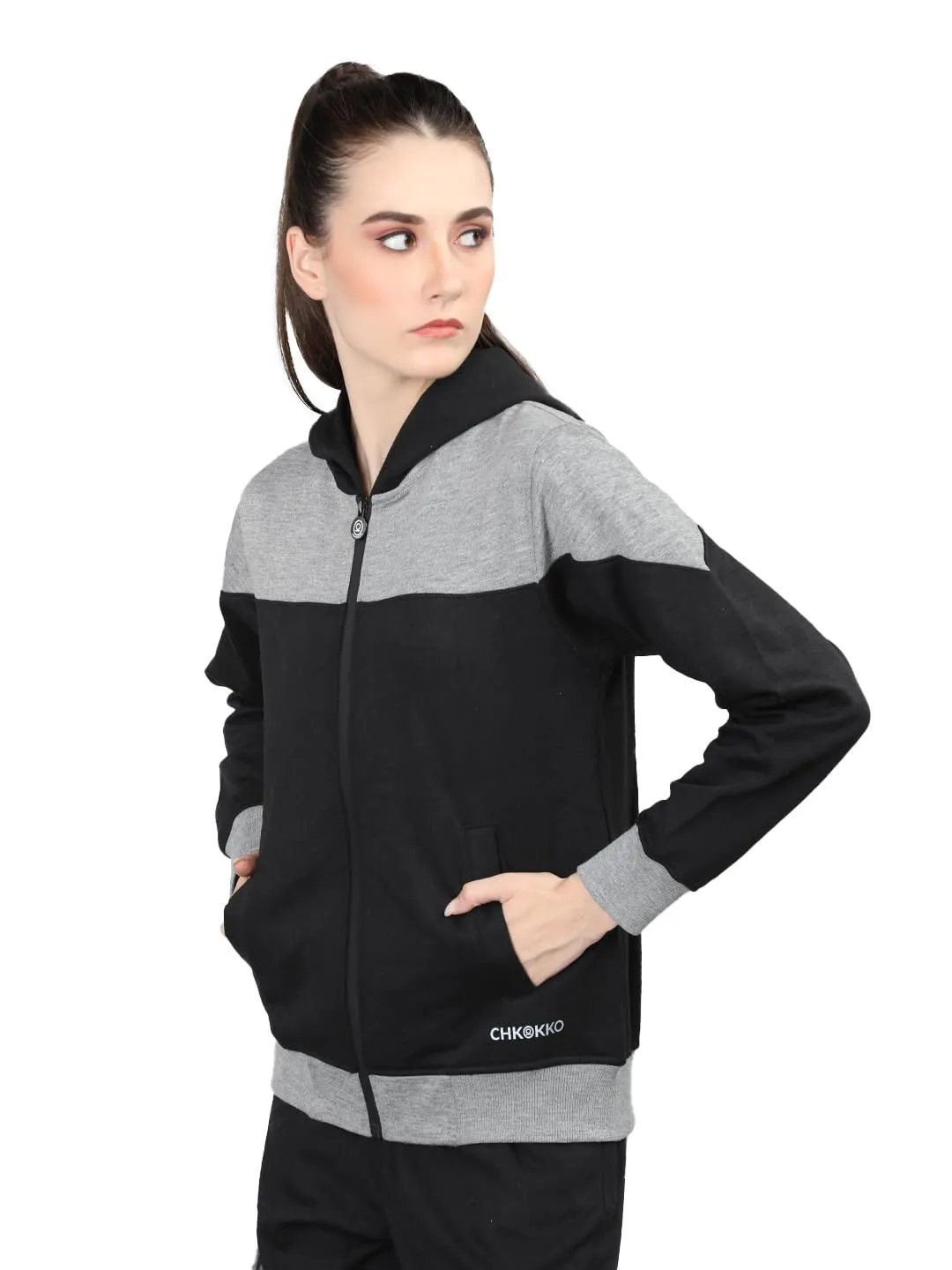 CHKOKKO Women Winter Sports Zipper Hooded Stylish Jacket Light Grey Black L