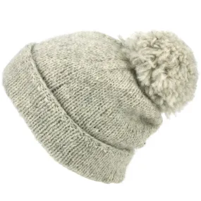 Chunky Wool Knit Baggy Slouch Beanie Bobble Hat - Light Grey