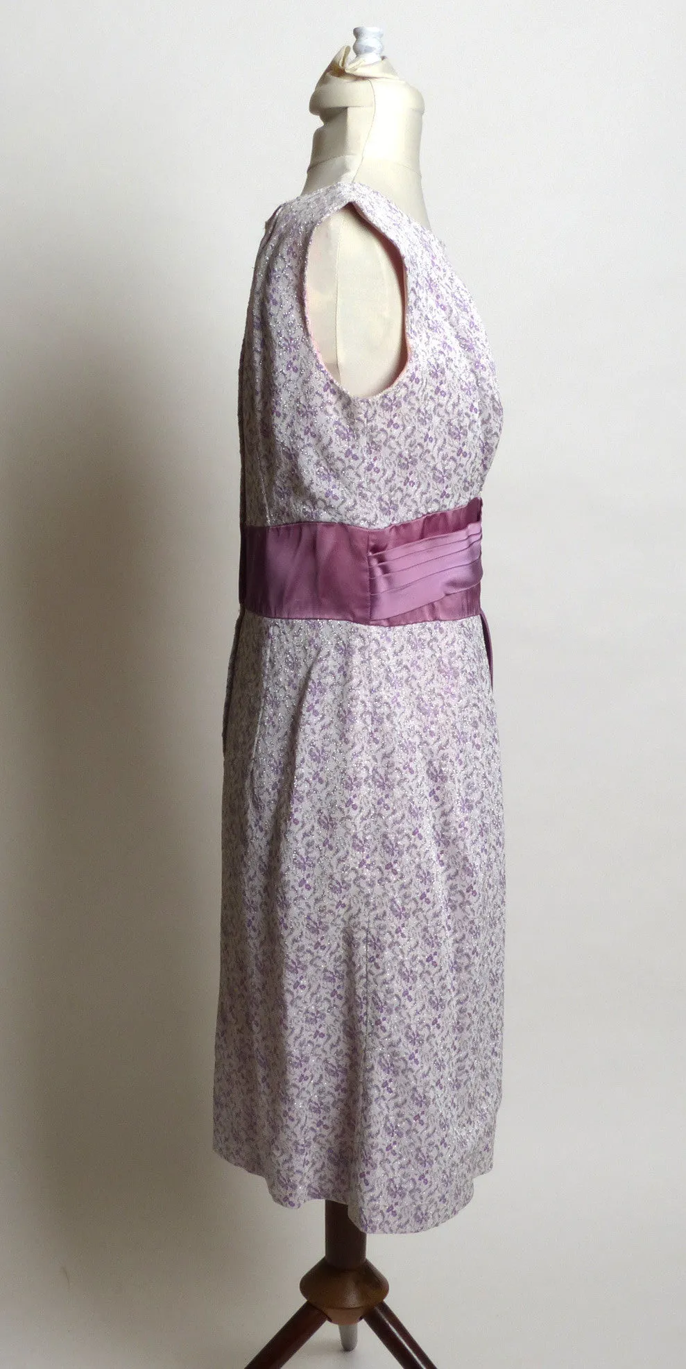 Circa 1950s Lavender and Cream Knit Floral Brocade Dress with Silver Accents