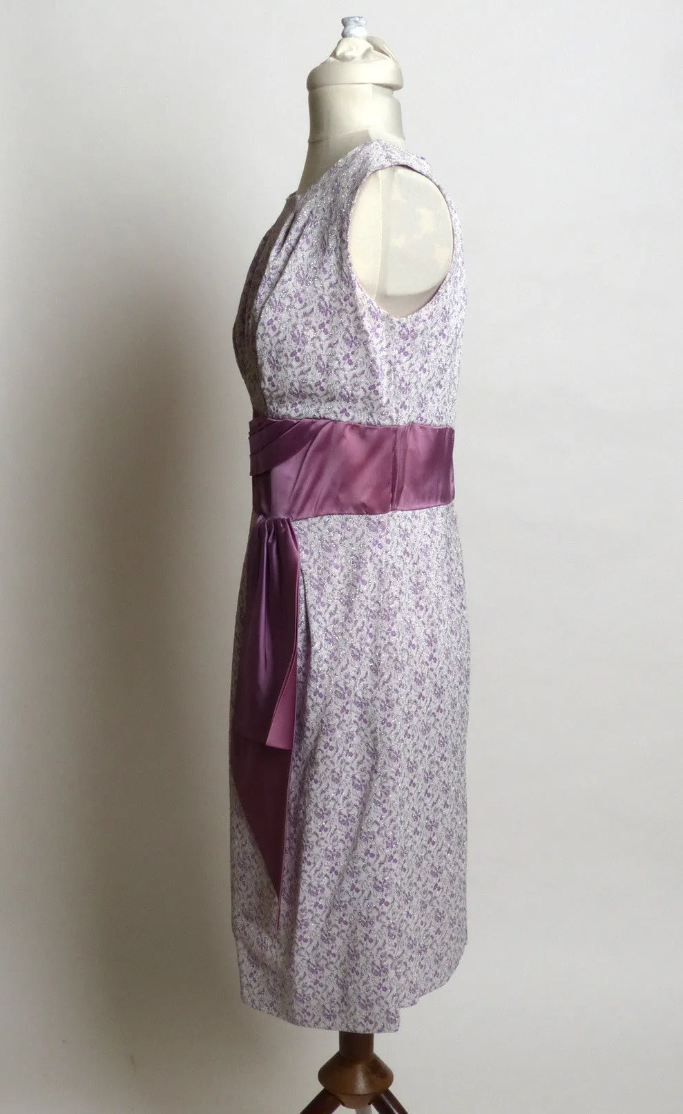 Circa 1950s Lavender and Cream Knit Floral Brocade Dress with Silver Accents