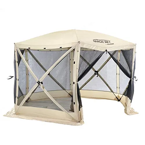 CLAM Quick-Set Escape 11.5 x 11.5 Foot Portable Pop-Up Outdoor Camping Gazebo Screen Tent 6 Sided Canopy Shelter with Ground Stakes & Carry Bag, Tan