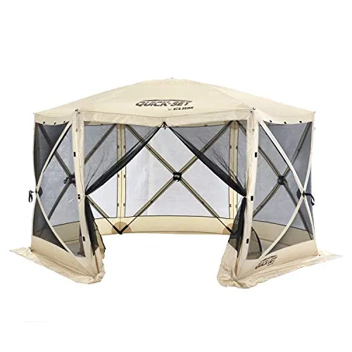 CLAM Quick-Set Escape 11.5 x 11.5 Foot Portable Pop-Up Outdoor Camping Gazebo Screen Tent 6 Sided Canopy Shelter with Ground Stakes & Carry Bag, Tan