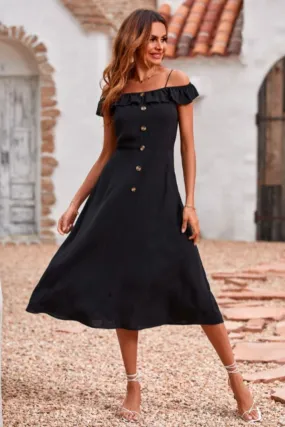 Cold Shoulder Button Down Flare Midi Dress