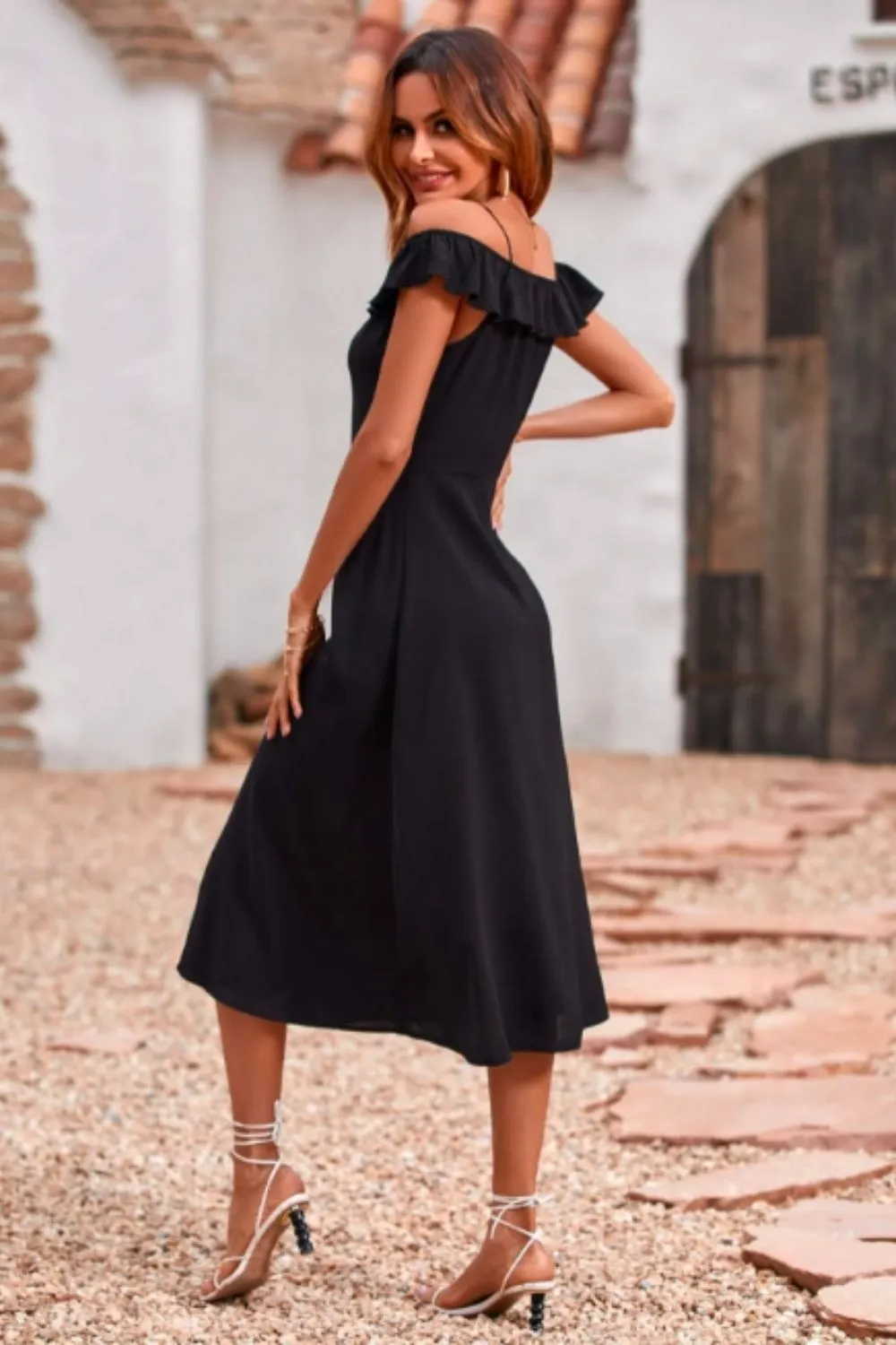 Cold Shoulder Button Down Flare Midi Dress