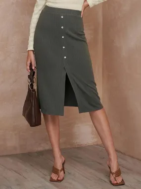 Commute Button Front Split Midi Skirt