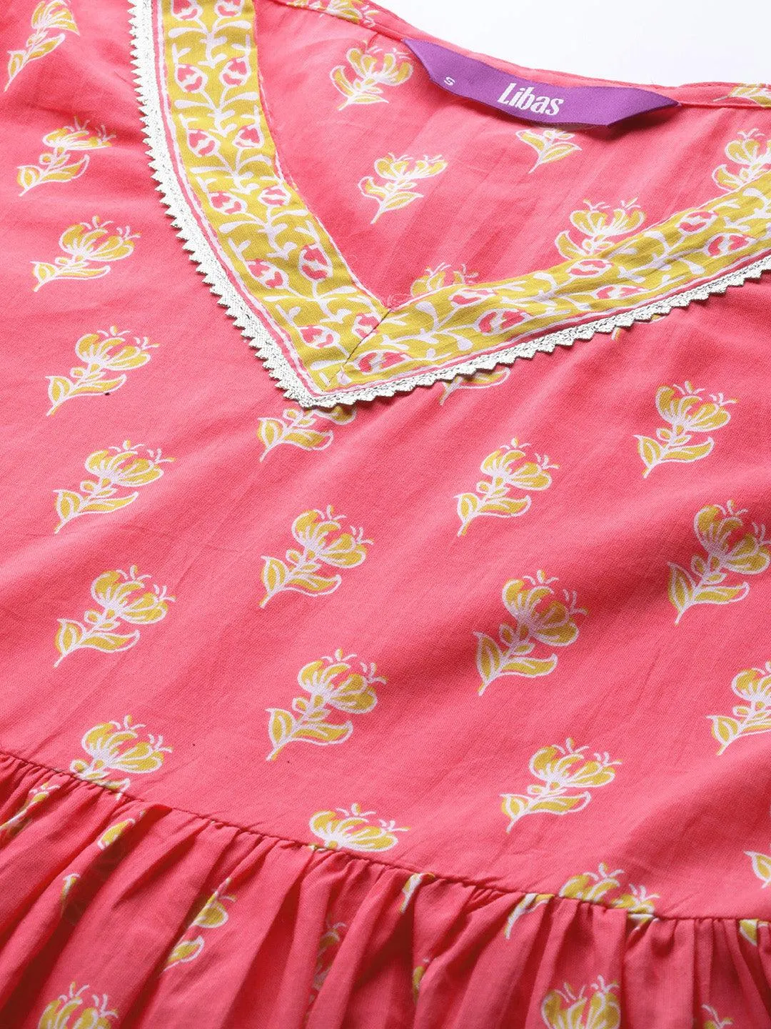 Coral Printed Cotton A-Line Kurta With Trousers & Dupatta