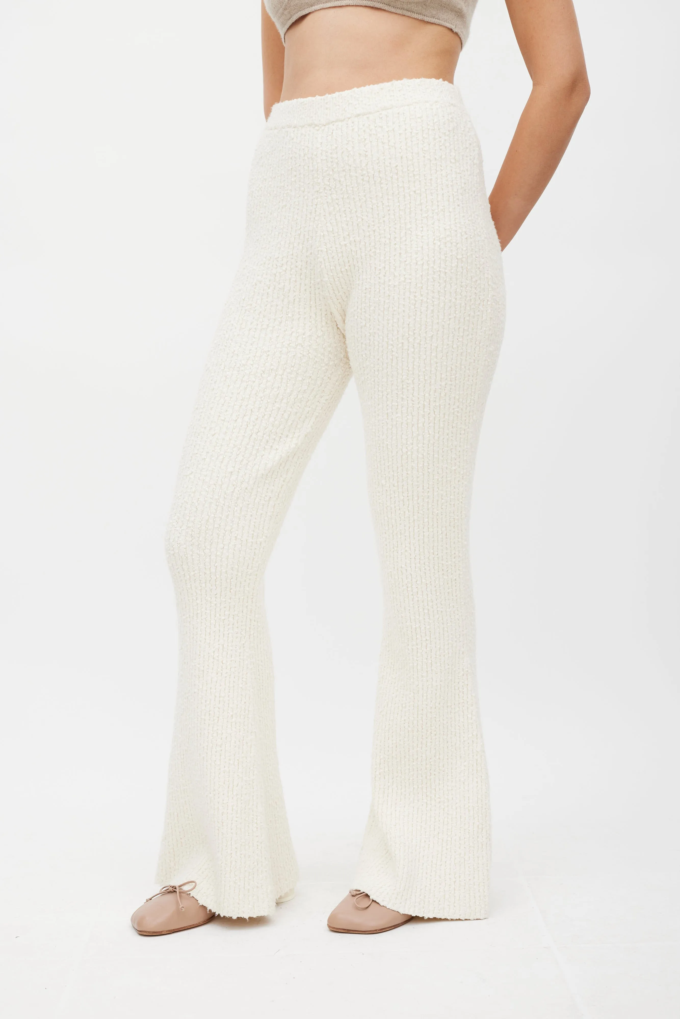 Cream Boucle Knit Flared Pant